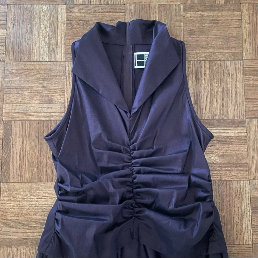 Tadashi Shoji Vintage Deep Plum Satin Evening Gown | US Size 14 | Ruched Bodice - Picture 2 of 6